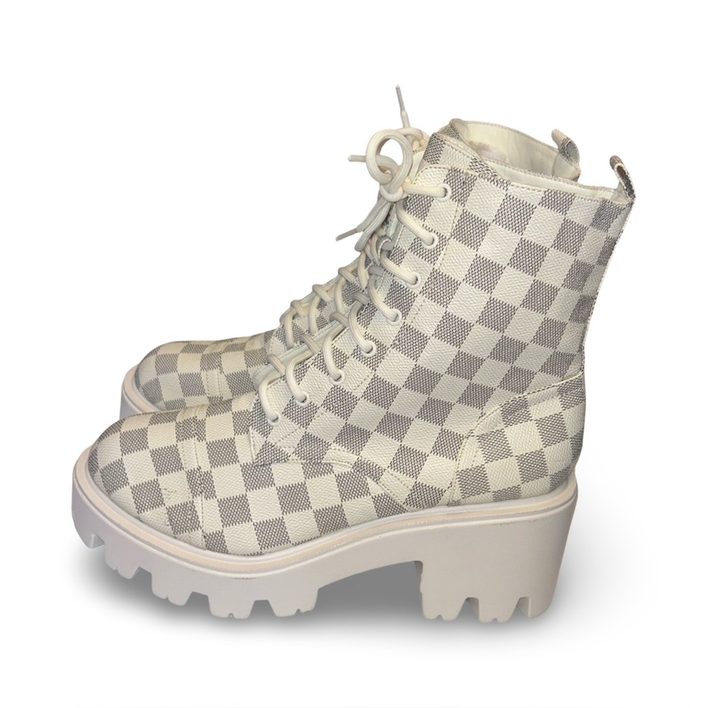 Womens MDT Checkered Lace Up Block Heel Boots Size 10 - Picture 2 of 8